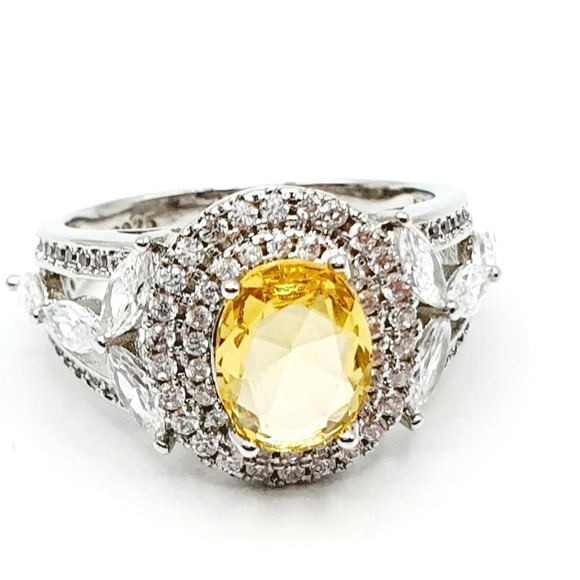▶Noble Hollow Beautiful Oval Crystal Royal Yellow CZ Silver Ring for Women, L073 - Picture 8 of 9
